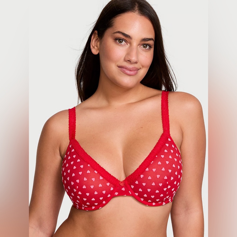 Victoria's Secret Unlined Demi Mesh Bra with pink hearts
